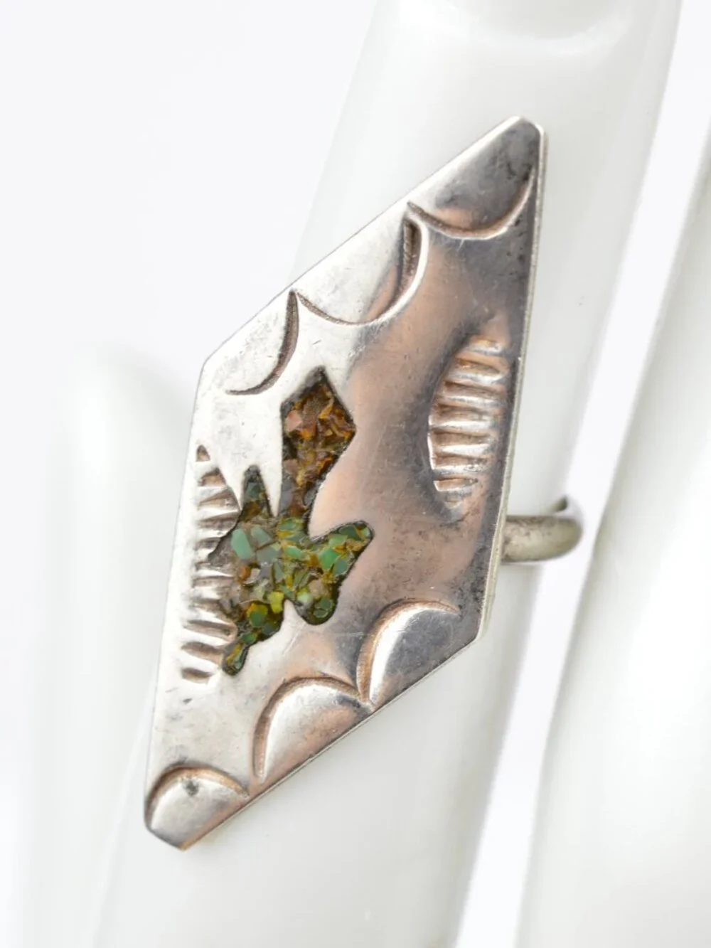 Vintage Navajo Sterling Silver Peyote Bird Waterbird Chip Inlay Ring Size 3.5
